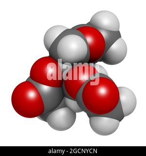 Molécule de triacétine (triacétate de glycérine). Rendu 3D. Banque D'Images