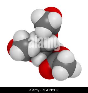 Molécule de triacétine (triacétate de glycérine). Rendu 3D. Banque D'Images