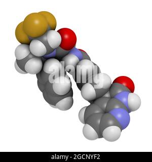 Molécule de médicament de migraine Ubrogepant (antagoniste des récepteurs CGRP). Rendu 3D. Banque D'Images