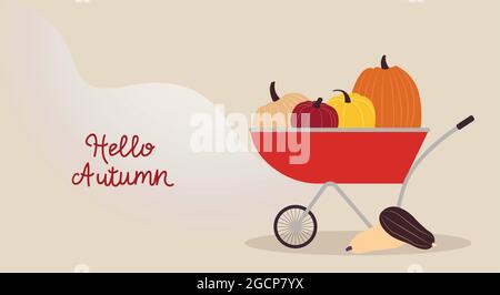 Récolte d'automne dans un chariot rouge sur fond beige ondulé. Illustration Pumpkins Vector avec espace de copie dans une conception plate Illustration de Vecteur