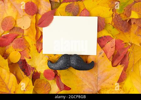 Bonjour l'automne. L'automne est posé à plat avec des feuilles de papier, des feuilles et de la moustache. Banque D'Images