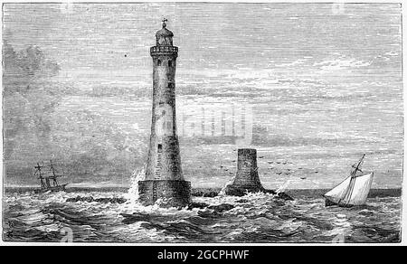 Gravure du troisième phare d'Eddystone situé sur les roches dangereuses d'Eddystone, à 9 milles terrestres (14 km) au sud de Rame Head à Cornwall, en Angleterre. John Smeaton a conçu ce phare qui a été utilisé de 1759 à 1877. Banque D'Images