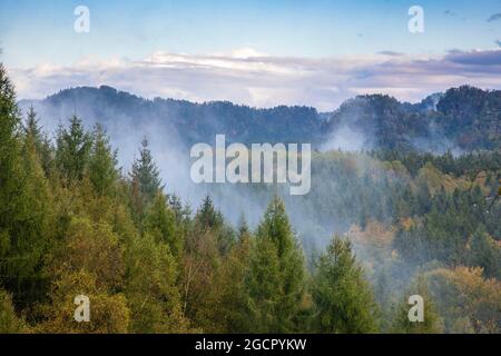 Vue depuis le bassin de cowshed, les montagnes de grès d'Elbe, le parc national de la Suisse saxonne, la Saxe, l'Allemagne Banque D'Images