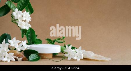 Scène minimaliste créative pierres naturelles, feuilles vertes et fleurs blanches. Podium en bois cylindre sur fond beige. Présentation du produit, maquette, produit cosmétique, podium, socle ou plate-forme Banque D'Images