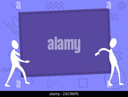 Deux collègues dessin debout portant un grand tableau blanc Unity Partnership. Coéquipiers Design porte un papier vide de grande taille montrant la coopération en matière de travail d'équipe. Illustration de Vecteur