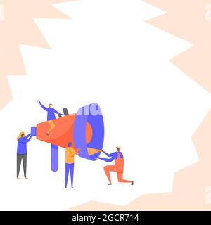 Quatre collègues effectuant des inspections à l'aide d'une grande mégaphone faisant la promotion de la coopération d'équipe. Coéquipiers faisant fonctionner un grand périphérique audio Bullhorn montrant le groupe Illustration de Vecteur