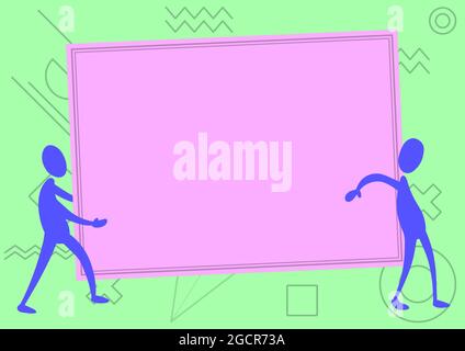 Deux collègues dessin debout portant un grand tableau blanc Unity Partnership. Coéquipiers Design porte un papier vide de grande taille montrant la coopération en matière de travail d'équipe. Illustration de Vecteur