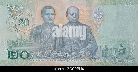 Macro photographie d'un billet de banque thaïlandais de 20 baht. Gros plan détaillé sur les détails des billets de la Thaïlande. L'argent de la Thaïlande. Vingt Baht, avec le Banque D'Images