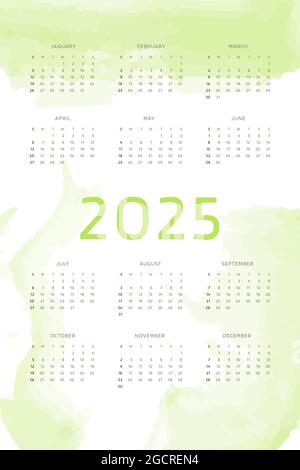 Modèle de calendrier 2025 sur fond vert Chartreuse avec traits aquarelle dessinés à la main. Calendrier vertical pour l'impression et le numérique. Semaine s Illustration de Vecteur