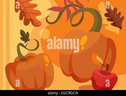 Bannière avec citrouilles et pomme. Carte postale du jour de Thanksgiving en style dessin animé. Illustration de Vecteur