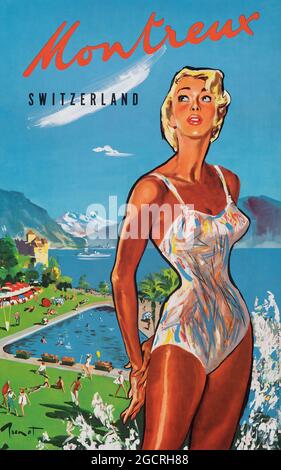 Affiche Voyage vintage Suisse, Suisse, Suisse, Suisse. Publicité rétro. Montreux. affiche de 1950s. Femme en maillot de bain. Banque D'Images