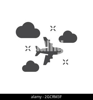 Avion volant avec des nuages dans l'icône du ciel. Symbole de déplacement vectoriel noir. Illustration de Vecteur