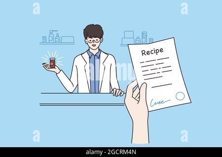 Pharmacie en ligne ou concept de pharmacie. Main humaine tenant la recette de prescription en pharmacie ou en pharmacie avec pharmacien au contre-vecteur illustration Illustration de Vecteur