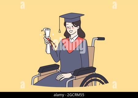 Licence handicapé, concept d'éducation inclusif. Jeune fille souriante maître diplômé titulaire d'un diplôme en main assis en fauteuil roulant sur fond jaune illustration vectorielle Illustration de Vecteur