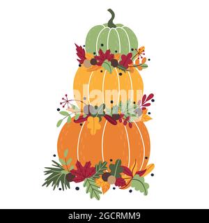 Traditionnel automne haute composition de citrouilles mûres et de feuilles mortes, brindilles. Belle décoration pour la maison pour Halloween et Thanksgiving. Plat Illustration de Vecteur