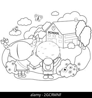 Enfants à l'extérieur de leur école. Page de couleur noir et blanc Banque D'Images