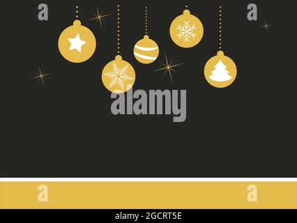 Invitation à la fête de noël avec boules sur l'arbre de noël. Arrière-plan des fêtes et bannière design de style rétro. Modèle vectoriel plat en noir et Illustration de Vecteur