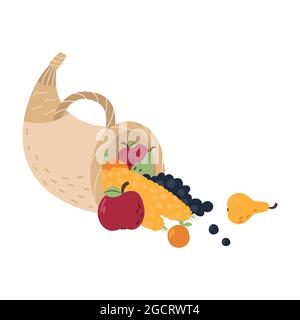 Belle corne en osier de beaucoup avec des fruits et des légumes d'automne mûrs. Cornucopia. Décoration traditionnelle pour le dîner de Thanksgiving. Lumineux plat Illustration de Vecteur