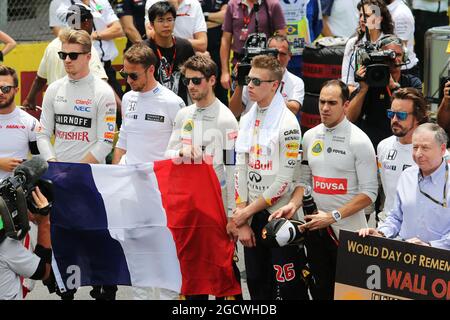 La grille observe un silence de quelques minutes pour la Journée mondiale du souvenir des victimes de la circulation routière et des victimes des attentats terroristes de Paris. Grand Prix brésilien, dimanche 15 novembre 2015. Sao Paulo, Brésil. Banque D'Images