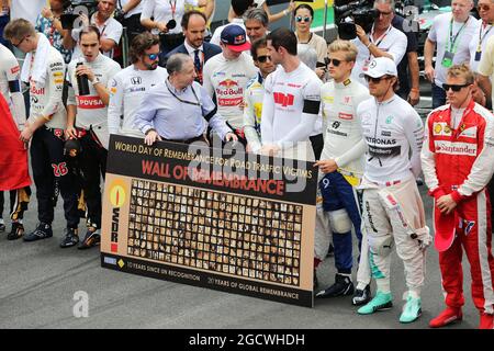 La grille observe un silence de quelques minutes pour la Journée mondiale du souvenir des victimes de la circulation routière et des victimes des attentats terroristes de Paris. Grand Prix brésilien, dimanche 15 novembre 2015. Sao Paulo, Brésil. Banque D'Images