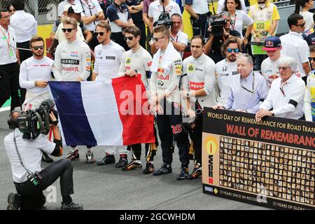 La grille observe un silence de quelques minutes pour la Journée mondiale du souvenir des victimes de la circulation routière et des victimes des attentats terroristes de Paris. Grand Prix brésilien, dimanche 15 novembre 2015. Sao Paulo, Brésil. Banque D'Images