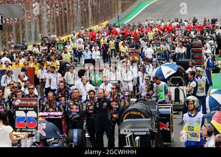 La grille observe un silence de quelques minutes pour la Journée mondiale du souvenir des victimes de la circulation routière et des victimes des attentats terroristes de Paris. Grand Prix brésilien, dimanche 15 novembre 2015. Sao Paulo, Brésil. Banque D'Images