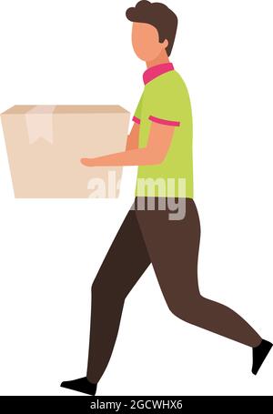 L'homme porte une boîte en carton semi-plate couleur vecteur caractère Illustration de Vecteur