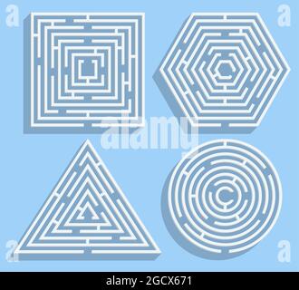 Ensemble de labyrinthes sous forme de carré, cercle, hexagone et triangle. Illustration de Vecteur