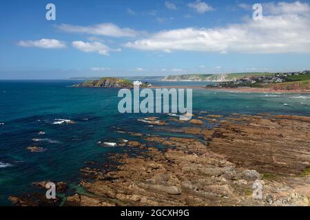 Vue sur Bigbury Bay avec Burgh Island, Bantham, quartier de South Hams, Devon, Angleterre, Royaume-Uni, Europe Banque D'Images