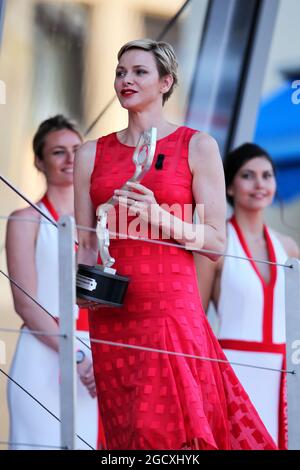 La princesse Charlene de Monaco sur le podium. Grand Prix de Monaco, dimanche 28 mai 2017. Monte Carlo, Monaco. Banque D'Images