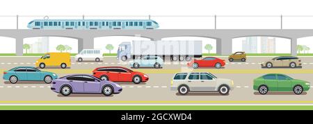 Autoroute avec train express, camion et voiture de tourisme Illustration de Vecteur