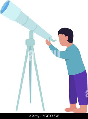 Petit garçon regardant les étoiles avec le télescope semi-plat couleur vecteur caractère Illustration de Vecteur