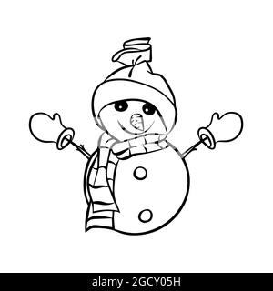 Bonhomme de neige mignon dans un chapeau et un foulard. Illustration vectorielle dans le style doodle. Convient aux livres anti-stress et de coloriage pour enfants Illustration de Vecteur