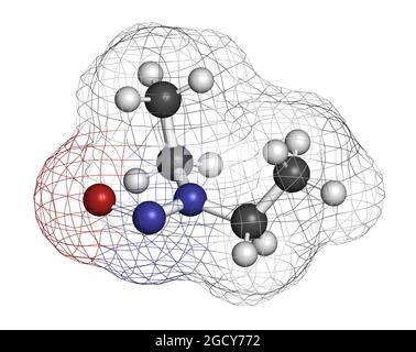 Molécule cancérogène de la N-nitroso-diéthylamine ou de la NDEA. Rendu 3D. Banque D'Images