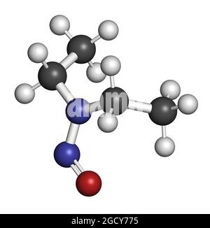 Molécule cancérogène de la N-nitroso-diéthylamine ou de la NDEA. Rendu 3D. Banque D'Images