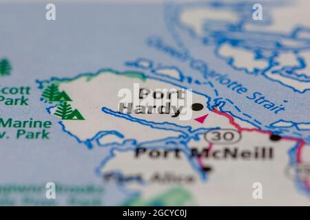 Port Hardy Île de Vancouver Canada sur une carte routière ou une carte de géographie Banque D'Images