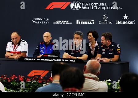 Conférence de presse de la FIA (de gauche à droite) : Frédéric Vasseur (FRA) Sauber F1 Team, Team principal; Franz Tost (AUT) Scuderia Toro Rosso Team principal; Toyoharu Tanabe (JPN) Honda F1 Directeur technique; Christian Horner (GBR) Red Bull Racing Team principal. Grand Prix japonais, vendredi 5 octobre 2018. Suzuka, Japon. Banque D'Images