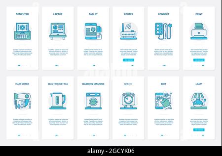 Illustration vectorielle des appareils électroménagers. UX, UI Onding mobile application page écran set avec ligne ordinateur portable tablette routeur sèche-cheveux bouilloire électrique lave-linge lampe de caméra pour la maison Illustration de Vecteur