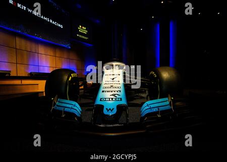 La décoration de Williams Racing 2019 est dévoilée. Williams Racing Livery dévoile. Lundi 11 février 2019. Siège de Williams Racing, Grove, Angleterre Banque D'Images