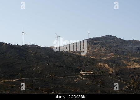 Vaste arson près de la ville de Gangi dans la province de Palerme en Sicile. De nombreuses cultures de champs agricoles et de bois brûlé, de voitures d'agriculteurs et même d'animaux de reproduction brûlés par les flammes. Banque D'Images