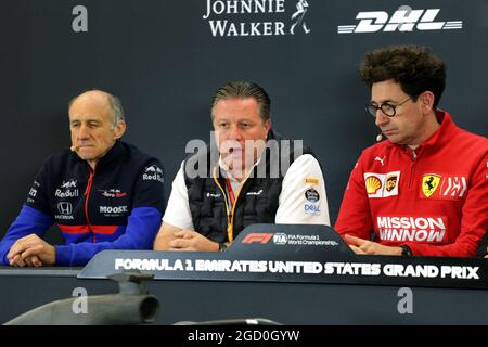 Conférence de presse de la FIA (de gauche à droite) : Franz Tost (AUT) Scuderia Toro Rosso Directeur de l'équipe; Zak Brown (Etats-Unis) Directeur exécutif McLaren; Mattia Binotto (ITA) Directeur de l'équipe Ferrari. Grand Prix des États-Unis, vendredi 1er novembre 2019. Circuit of the Americas, Austin, Texas, États-Unis. Banque D'Images