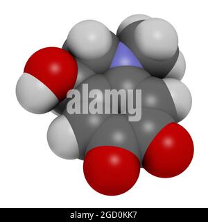 Molécule d'adrénochrome. Produit d'oxydation de l'adrénaline. Rendu 3D. Banque D'Images