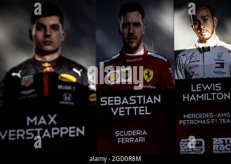 Ambiance de paddock - planches pilotes: Max Verstappen (NLD) Red Bull Racing; Sebastian Vettel (GER) Ferrari; Lewis Hamilton (GBR) Mercedes AMG F1. Grand Prix d'Australie, jeudi 12 mars 2020. Albert Park, Melbourne, Australie. Banque D'Images