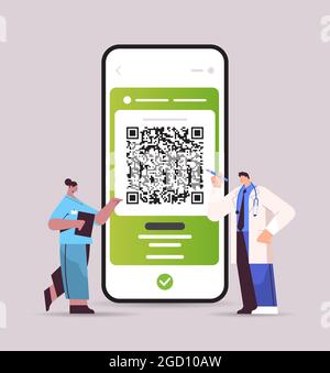 les dockers utilisant un passeport d'immunité numérique avec code qr sur l'écran de smartphone risquent sans risque covid-19 pandémie Illustration de Vecteur