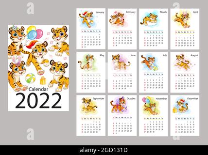 2022 conception du calendrier. Jeu de 12 mois avec couverture. La semaine commence le dimanche. Modèle de page de calendrier format A4, A3. Verticale. Mignon dessin animé tigres vecteur Illustration de Vecteur