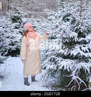 Une femme choisit un arbre de Noël dans la pépinière en nature d'hiver à la Saint-Sylvestre Banque D'Images