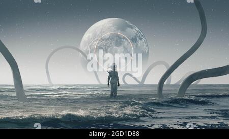 astronaute debout dans l'étrange mer et regardant la planète dans le ciel, style d'art numérique, peinture d'illustration Banque D'Images