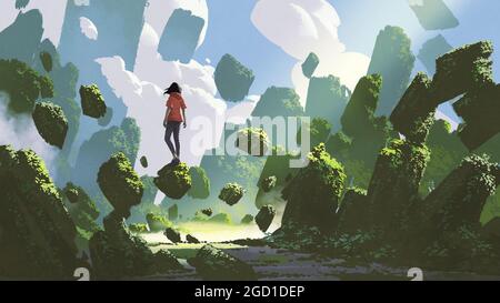 paysage de fantaisie montrant une femme debout sur un rocher flottant dans le milieu de l'air, style d'art numérique, peinture d'illustration Banque D'Images