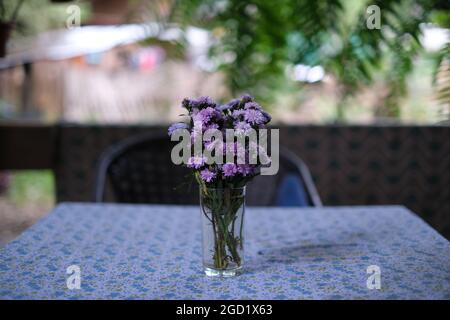 Un bouquet de petites fleurs sur une table à manger dans une cafétéria de rue, dans un village isolé de Thaïlande Banque D'Images