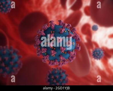 Un collage de cellules du virus de la grippe COVID-19 à l'intérieur d'un vaisseau sanguin Banque D'Images